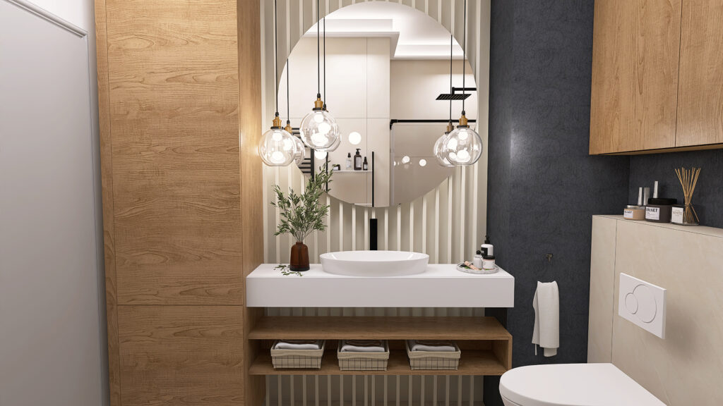 Nowoczesna łazienka z drewnianymi elementami, minimalistycznym designem i elegancką atmosferą.