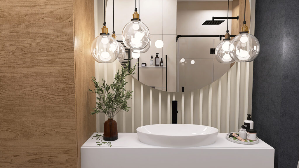 Lampy wiszące nad lustrem, nowoczesne wnętrze łazienki, minimalistyczny design, elegancka przestrzeń.