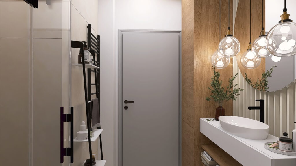 Nowy design minimalistycznej łazienki z naturalnym drewnem i nowoczesnym oświetleniem.