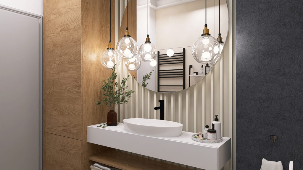 Przestronna i elegancka łazienka z nowoczesnym designem, białym umywalką, luksusowym lustrem i dekoracyjnym oświetleniem.