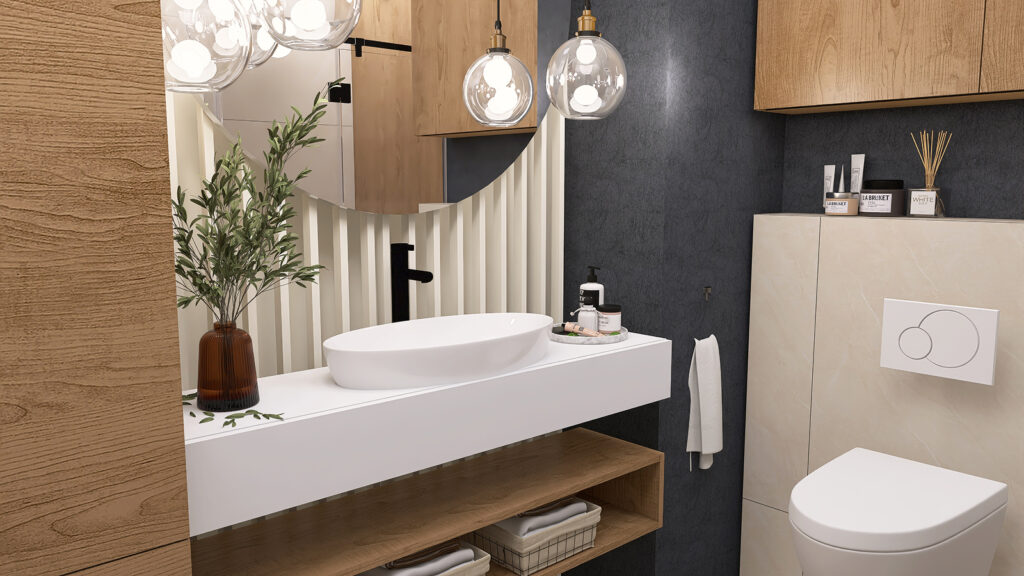 Przestronna łazienka z nowoczesnym designem, łącząca drewno, czarny i biały kolor dla eleganckiego efektu.