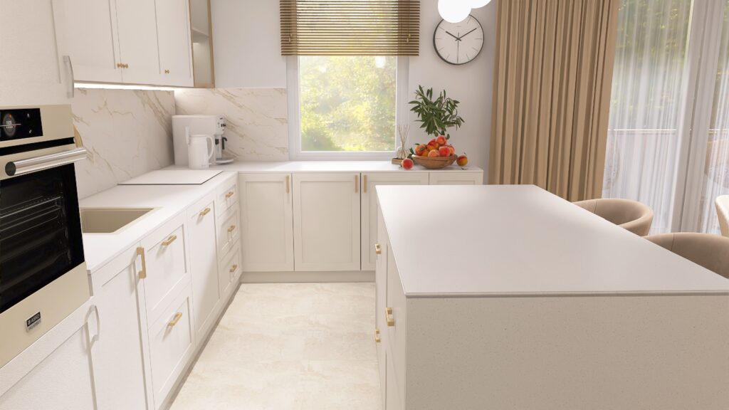 Przedstawiamy elegancką, jasną kuchnię z dużym oknem i nowoczesnym wystrojem. Idealne rozwiązanie dla Twojego domu.