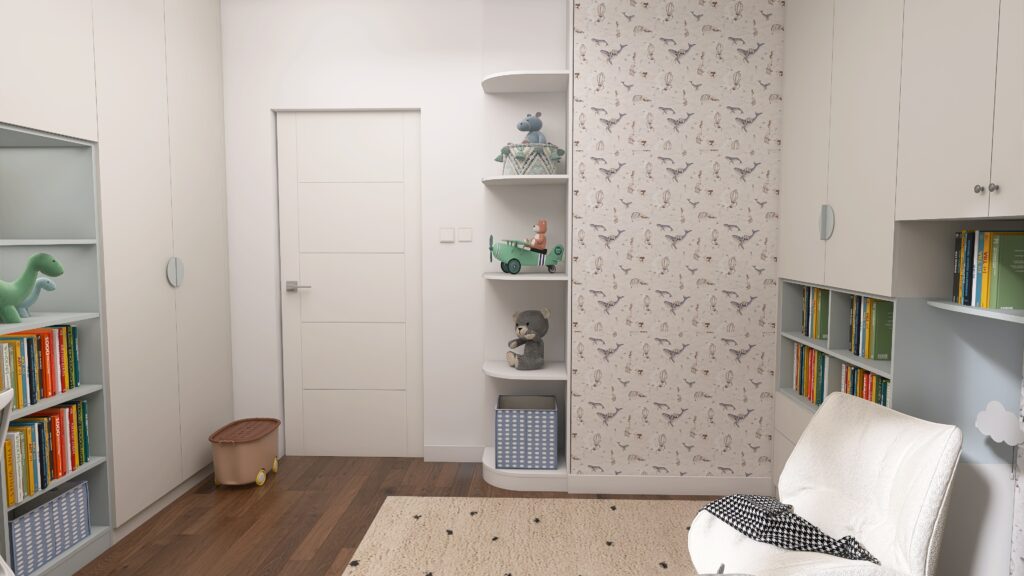 Przemyślane, jasne wnętrze dla dziecka z książkami i dekoracjami.