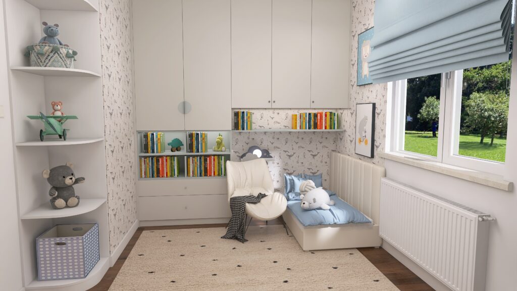 Przykład aranżacji z książkami, pluszakami i jasnym, przyjaznym klimatem.