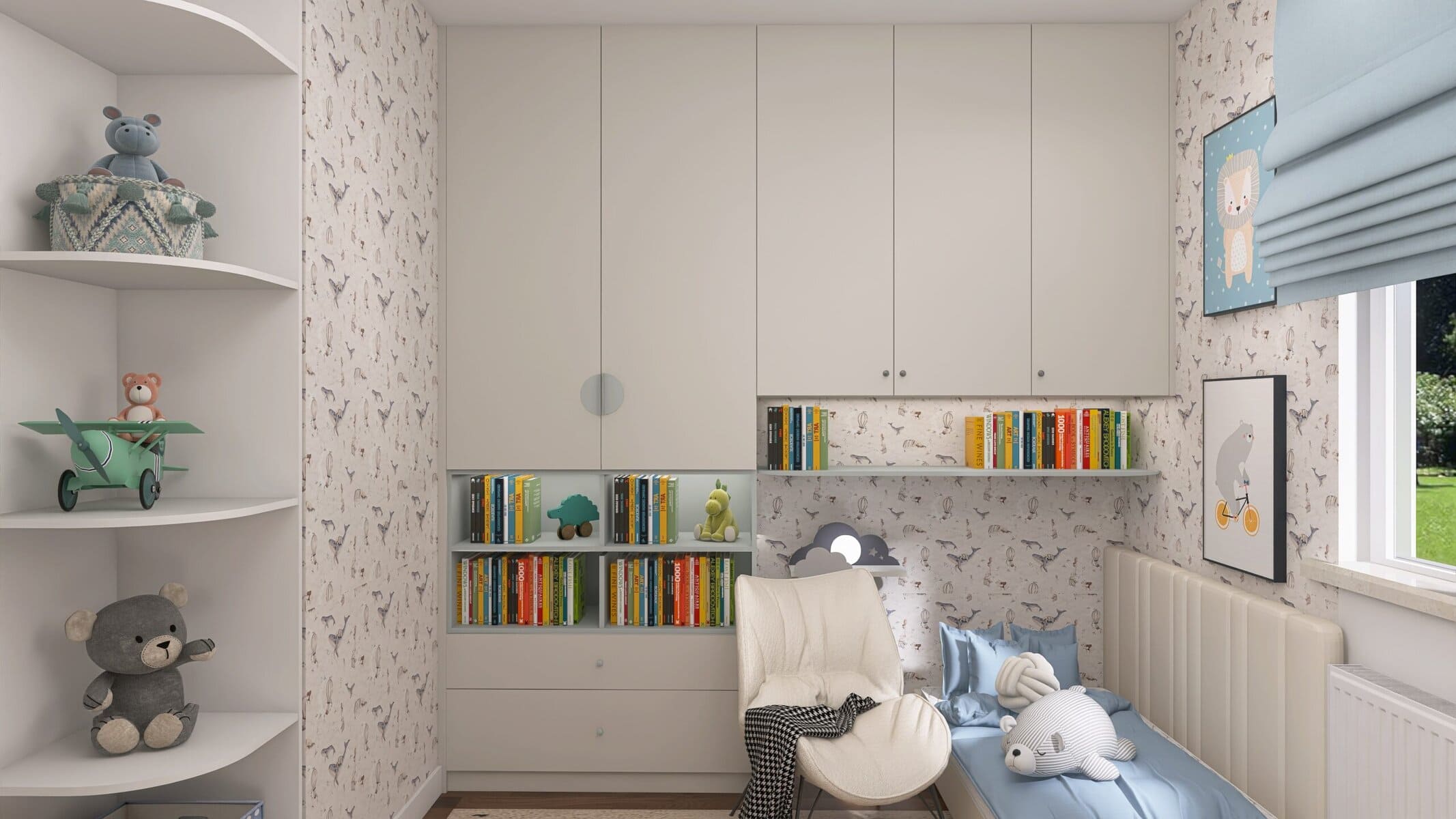Wnętrze pokoju dziecięcego z bielą i pastelami, pełne pluszaków, książek i naturalnego światła. Idealne dla najmłodszych mieszkańców.