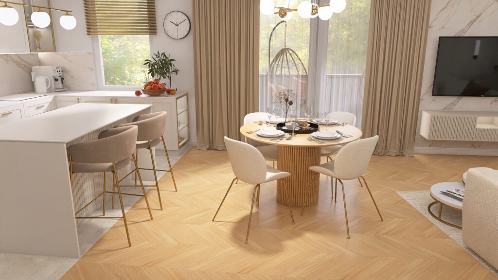Alt tekst: Stylowe wnętrze z jadalnią, nowoczesnym designem i naturalnym światłem.
