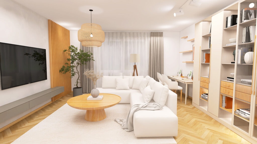 Przestronne, nowoczesne wnętrze z białą sofą, drewnianym stolikiem i funkcjonalnym wyposażeniem.