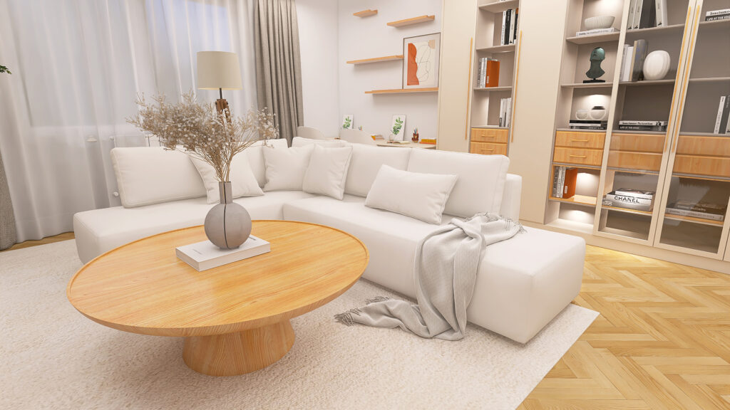 Przestronny salon z białą sofą, drewnianym stolikiem i nowoczesnymi półkami, elegancki i funkcjonalny wystrój wnętrza.