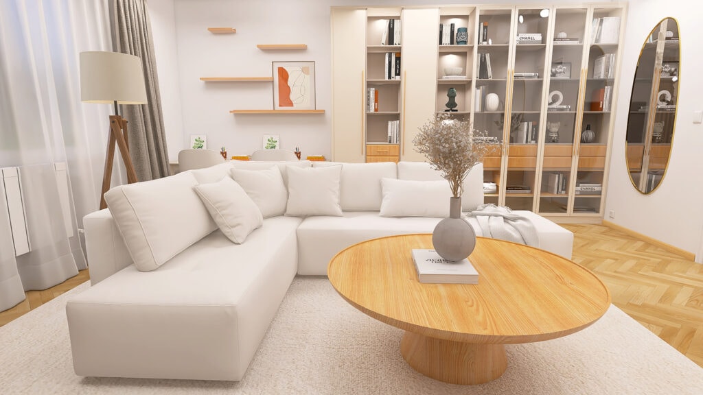 Nowoczesny salon w neutralnych barwach, harmonijnie urządzone wnętrze z meblami na wymiar.