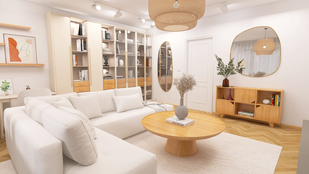 Nowoczesny, jasny salon z białą sofą, drewnianymi meblami i eleganckimi dekoracjami w naturalnym stylu.