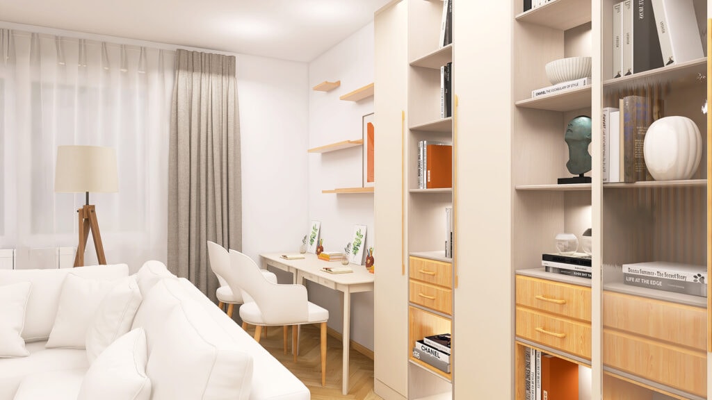 Nowa stylistyka wnętrza w minimalistycznym stylu z jasnymi meblami i dekoracjami.