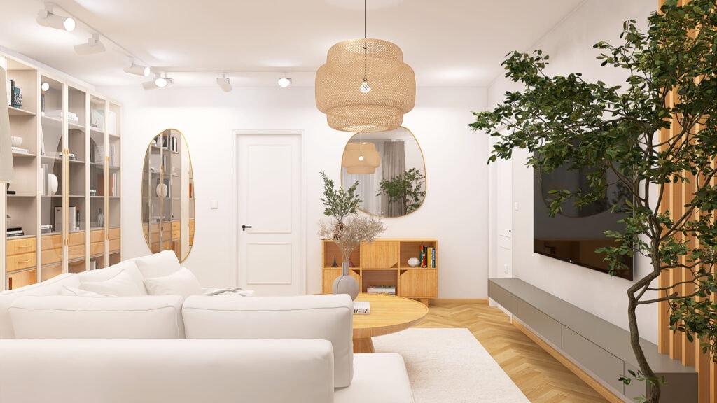 Przestronny, elegancki salon z naturalnym drewnem, roślinami i minimalistycznym designem.