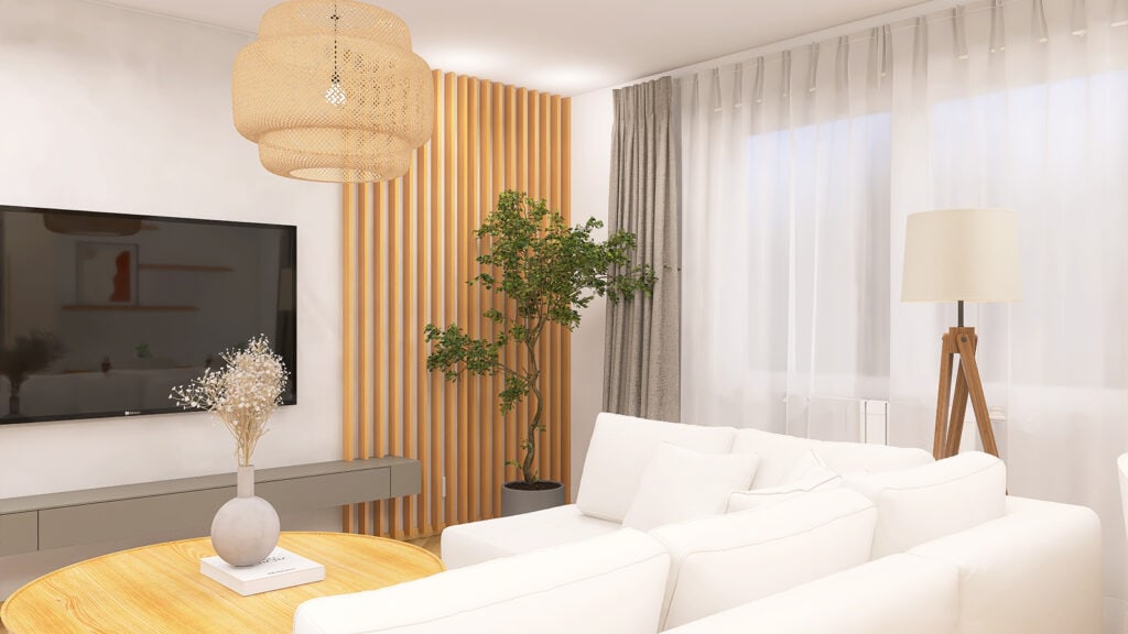 Nowoczesny salon z białą sofą, drewnianym stolikiem i naturalnym oświetleniem. Idealny projekt wnętrza od Moniki Grali.