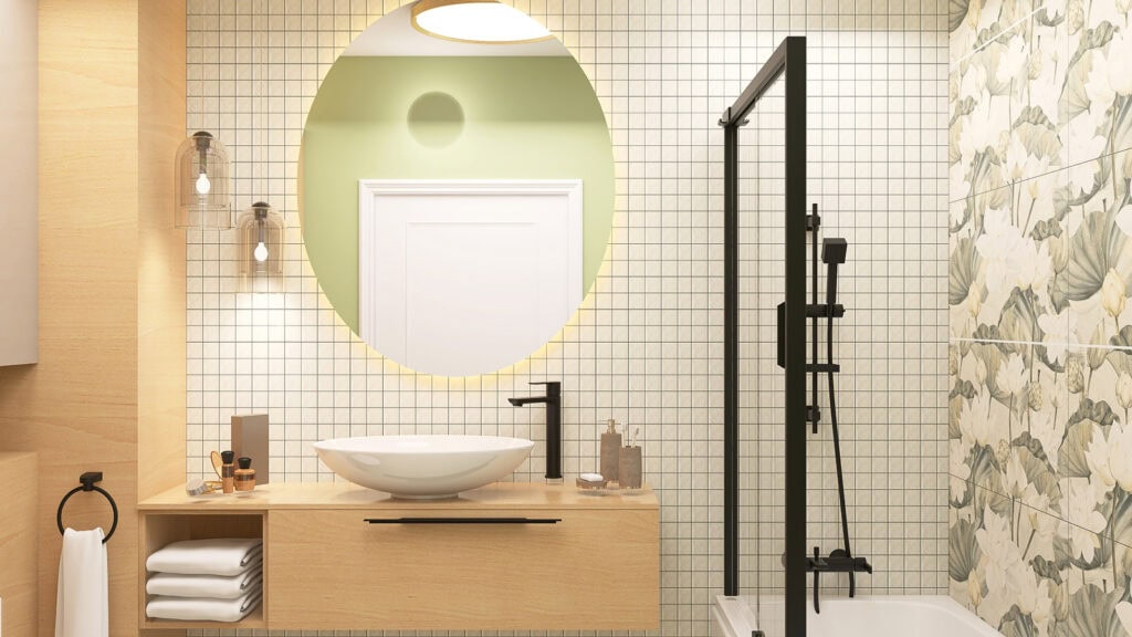 Nowoczesna łazienka z lustrem, umywalką i prysznicem, elegancki design i funkcjonalność.