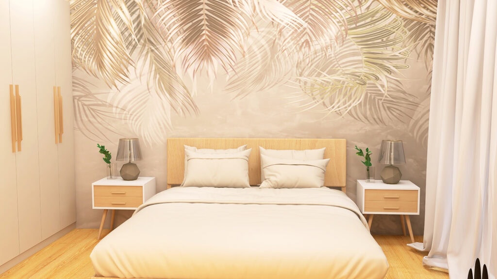 Nowoczesna sypialnia z motywem palm, eleganckie lampy i komfortowe łóżko.