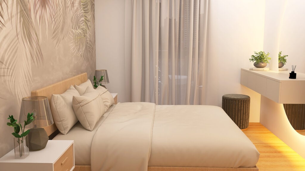 Elegancki, przytulny pokój z minimalistycznym stylem i naturalnym oświetleniem.