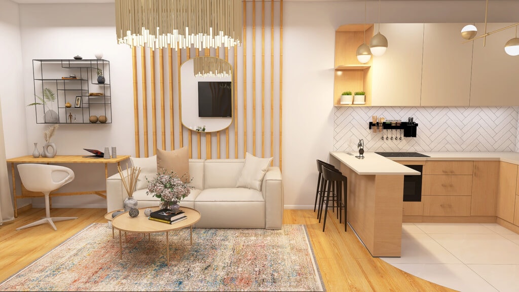 Przestronne, nowoczesne wnętrze z jasną kuchnią i komfortowym salonem, zaprojektowane przez Monikę Gralę.