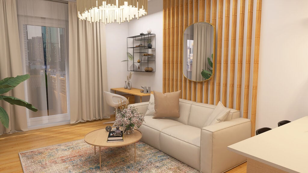 Przestronny, jasny salon z minimalistycznym designem, drewnianymi elementami i dużym oknem zapewnia światło dzienne.