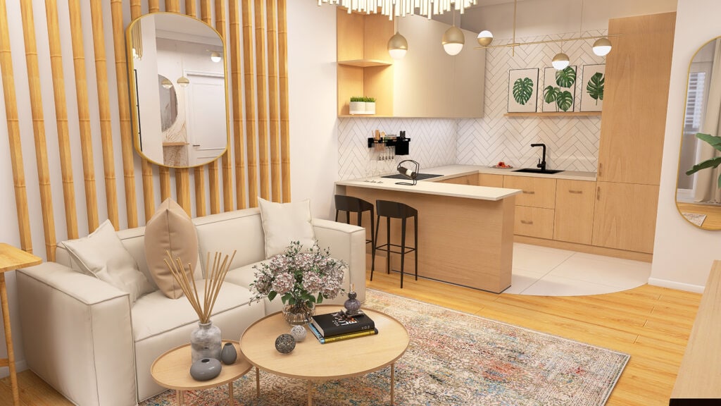 Przytulny projekt kuchni i strefy wypoczynkowej, nowoczesne dekoracje i naturalne drewno.