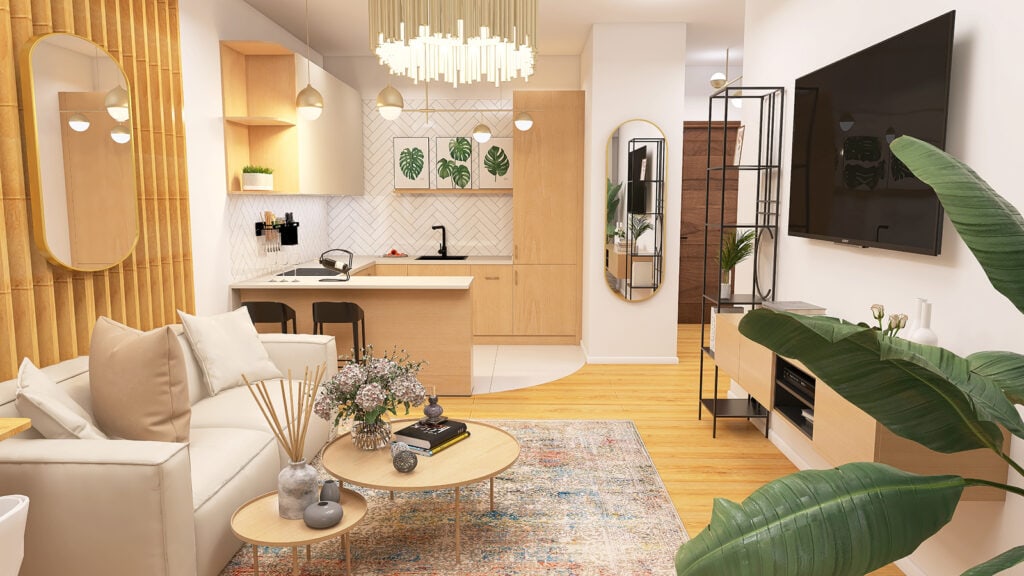 Przytulny salon z nowoczesnym wnętrzem, dużą kanapą i roślinami w jasnej aranżacji.