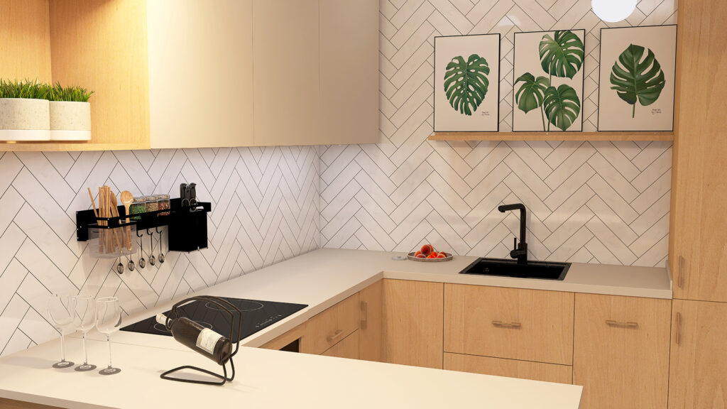 Kuchnia z drewnianymi szafkami, białą blatową powierzchnią, czarnym kranem i dekoracyjnymi panelami z motywami roślinnymi.