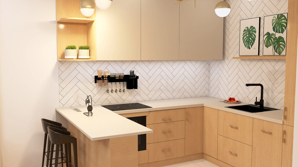 Kuchnia z drewnianymi szafkami, czarnym sprzętem i dekoracjami w minimalistycznym stylu.