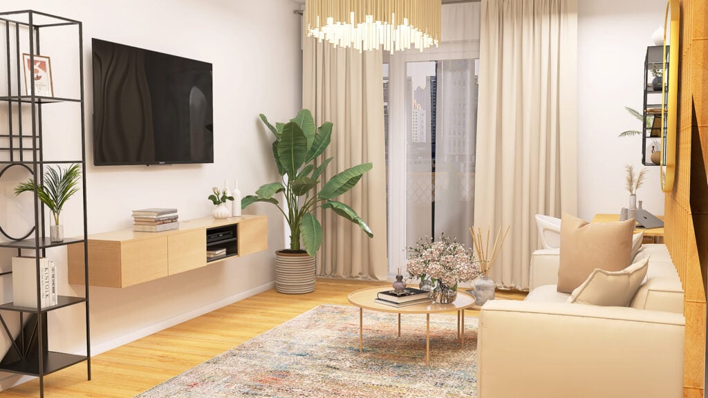 Przestronny, jasny salon z nowoczesnym designem, roślinami i komfortowym wykończeniem wnętrza.