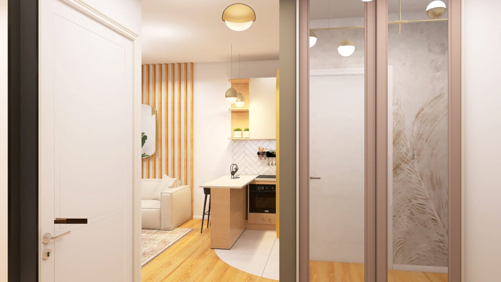 Przestrzeń z ciepłym oświetleniem, drewnianymi elementami i eleganckimi dodatkami.