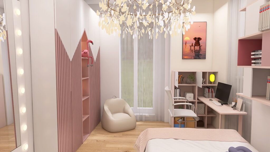 Kreatywny i stylowy pokój dla dzieci z różowymi elementami i funkcjonalnym biurkiem.