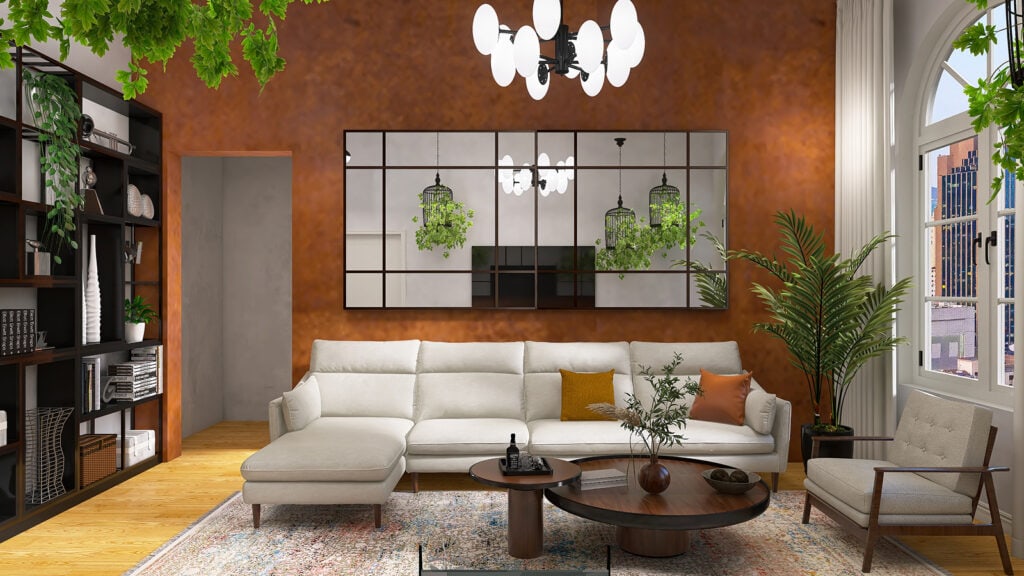 Naturalne, ciepłe wnętrze z roślinami, minimalistycznym wyposażeniem i dużym oknem w jasnym pokoju dziennym.