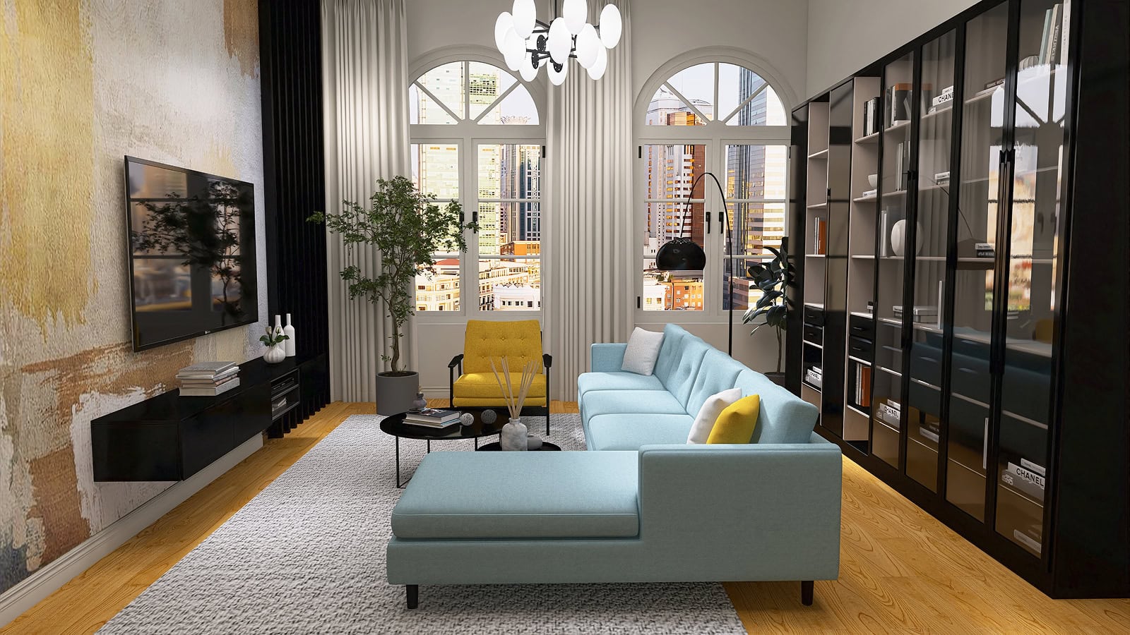 Przestronny salon z nowoczesnym wystrojem, dużymi oknami i komfortową sofą, zapewniający relaks w eleganckim wnętrzu.