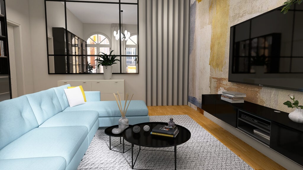 Przestronny salon z nowoczesnym wystrojem, jasną sofą i minimalistycznymi akcentami w eleganckiej aranżacji.