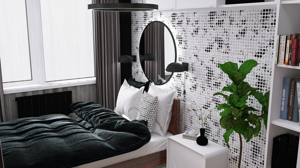 Nowoczesna sypialnia z roślinami i eleganckim designem, projekt wnętrz od Moniki Grali.