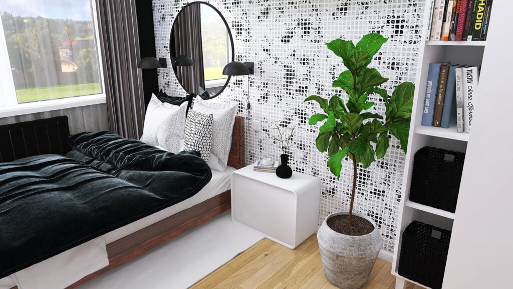 1. Nowoczesny pokój z zielonym drzewem, białą szafką i eleganckim wystrojem wnętrz.