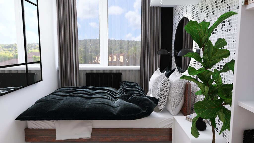 1. Nowoczesny pokój z dużym oknem i zieloną rośliną w stylu skandynawskim.