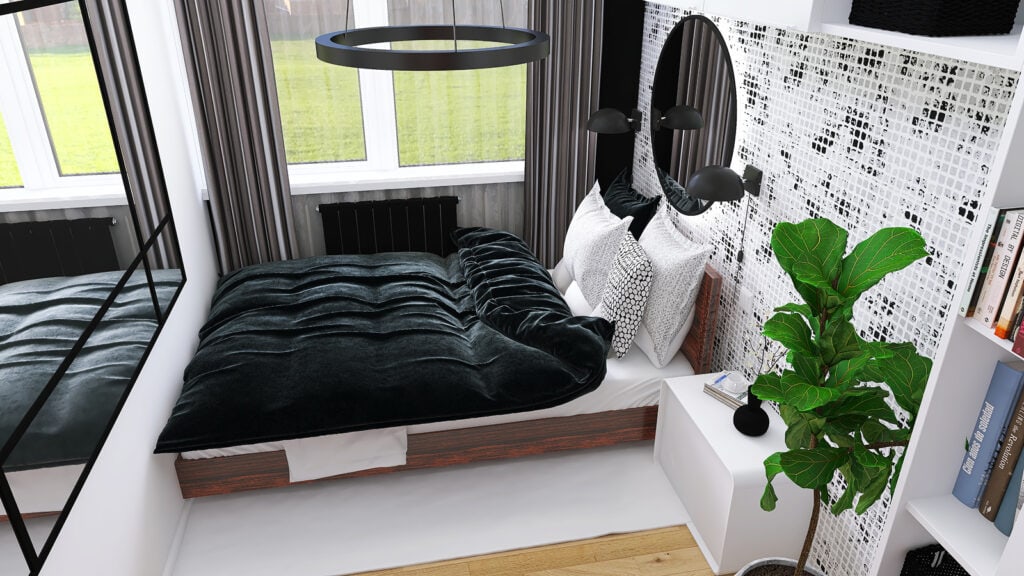 Nowoczesny design sypialni z czarnym pikowanym łóżkiem i zielonymi roślinami.