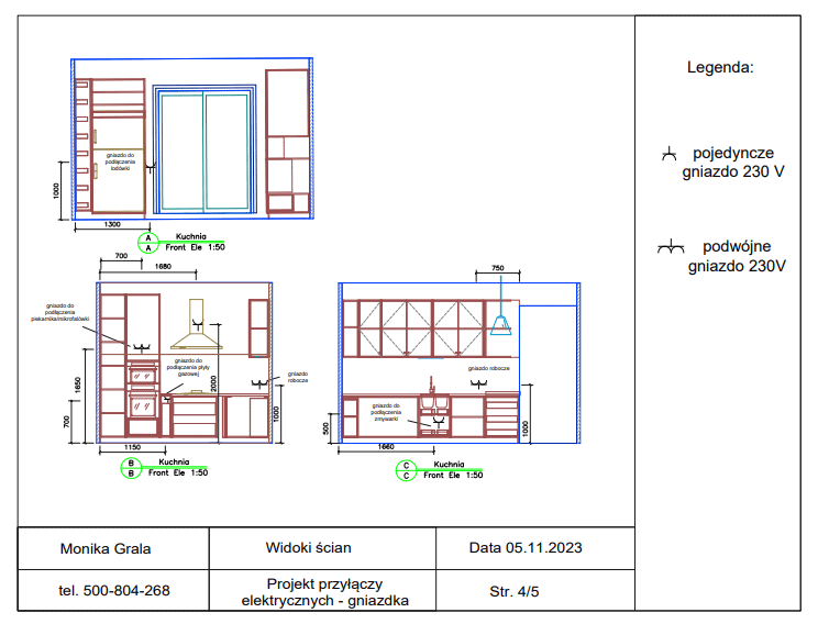 Projekt wnętrza kuchni z planem i rozplanowaniem instalacji elektrycznych i gniazdek. Kompleksowe projekty od Moniki Grali.