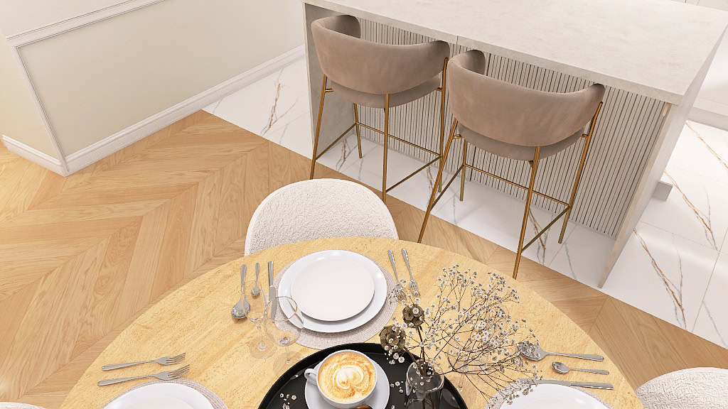 Eleganckie wnętrza w minimalistycznym stylu z przytulnym barkiem i nowoczesnym stołem.