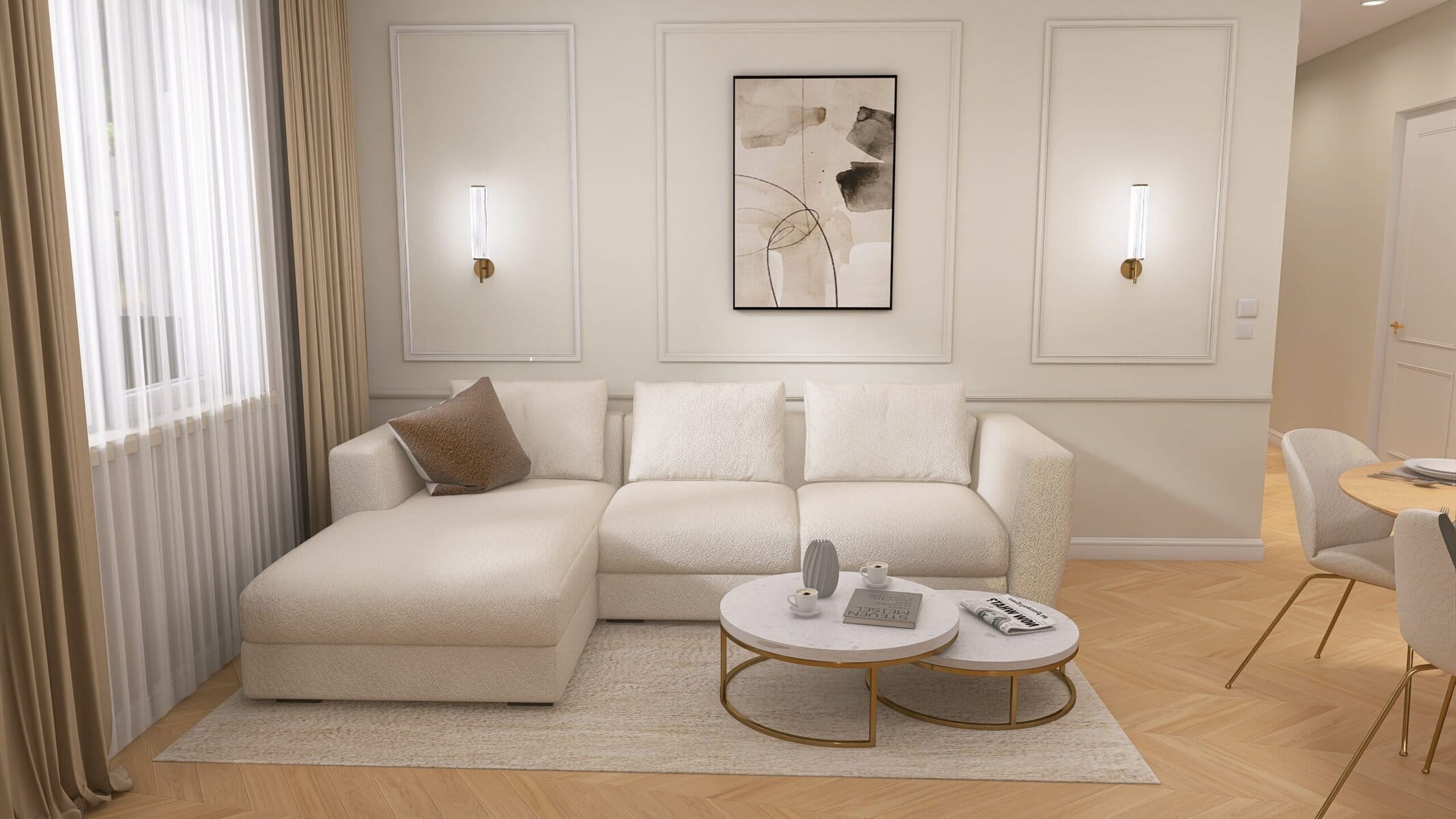 Elegancki, jasny salon z nowoczesnym designem i naturalnym oświetleniem.