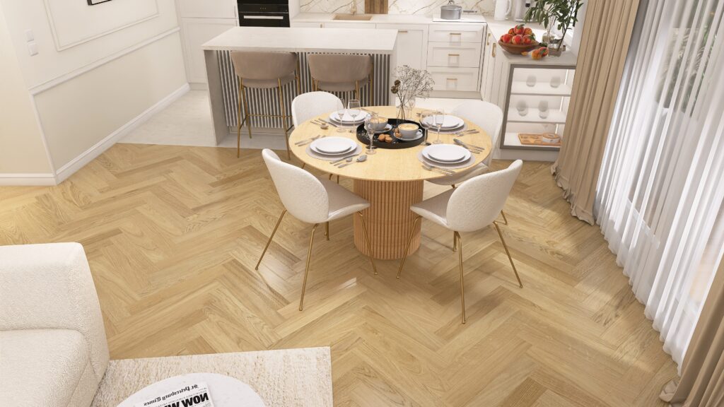 Przestronne, stylowe wnętrze z drewnianą podłogą, jasnymi meblami i nowoczesnym designem kuchni i jadalni.