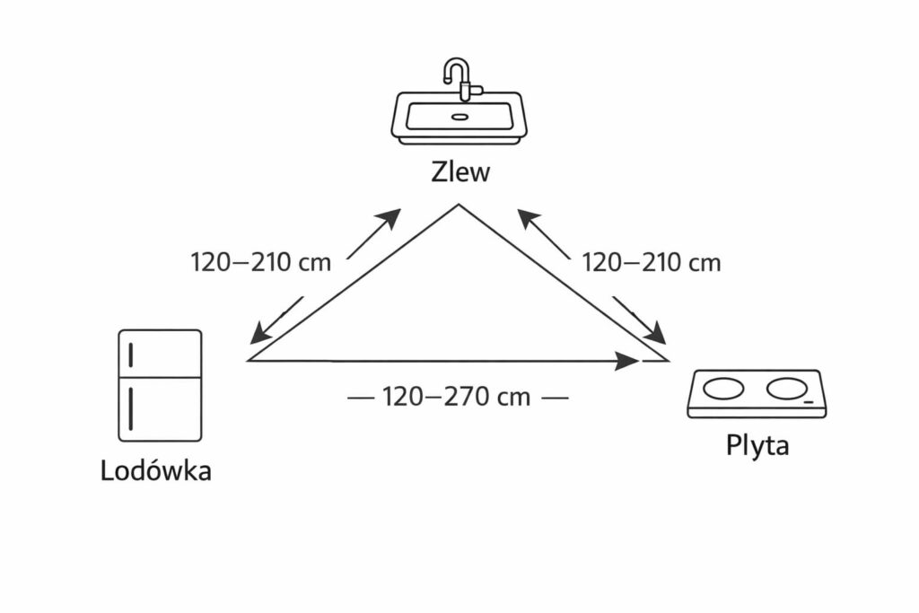Schemat układu kuchennych elementów: zlew, lodówka i płyta z wymiarami.