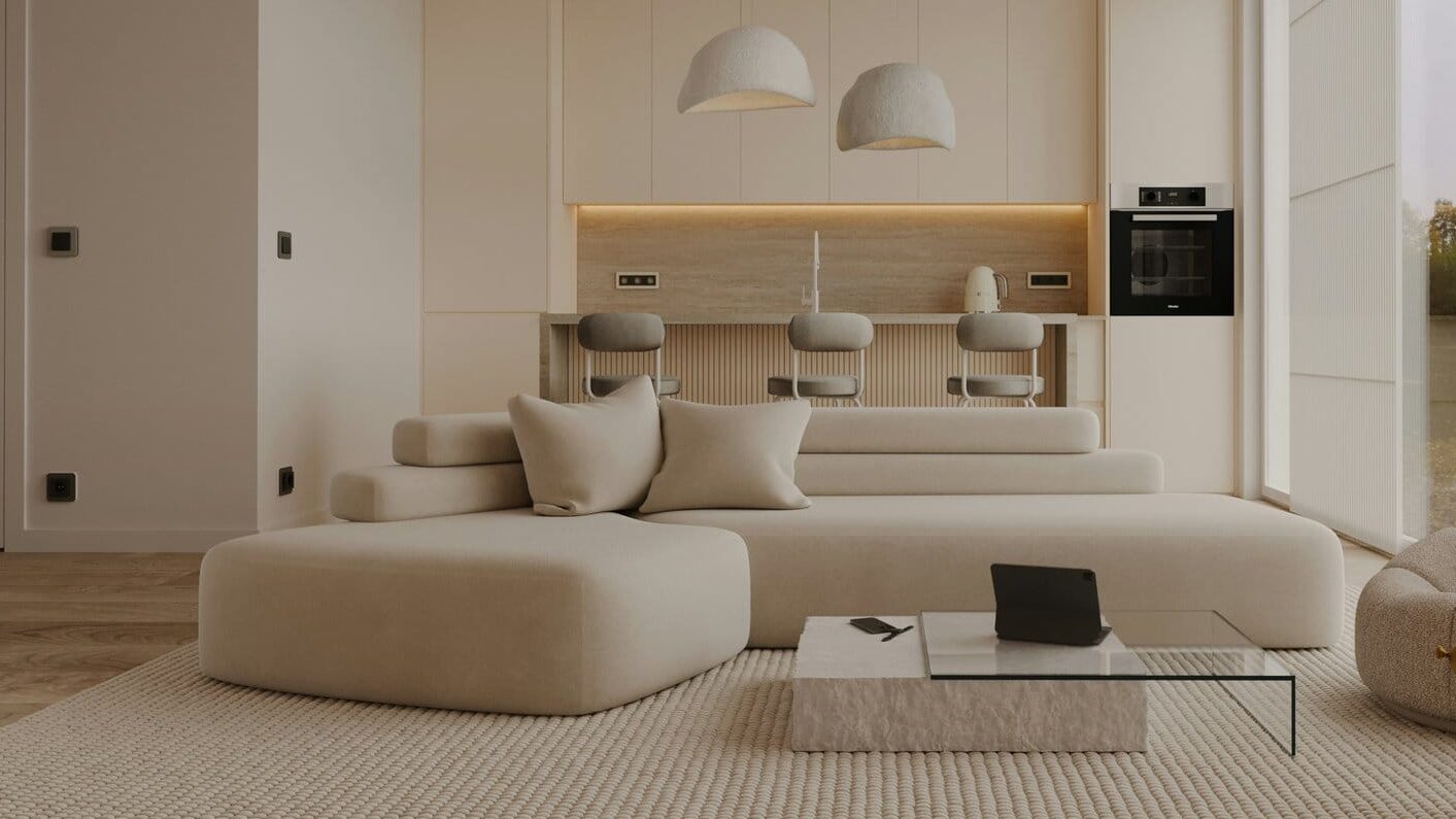 Przestronny salon z nowoczesnym designem, jasnym wystrojem i komfortowym dużym narożnikiem.