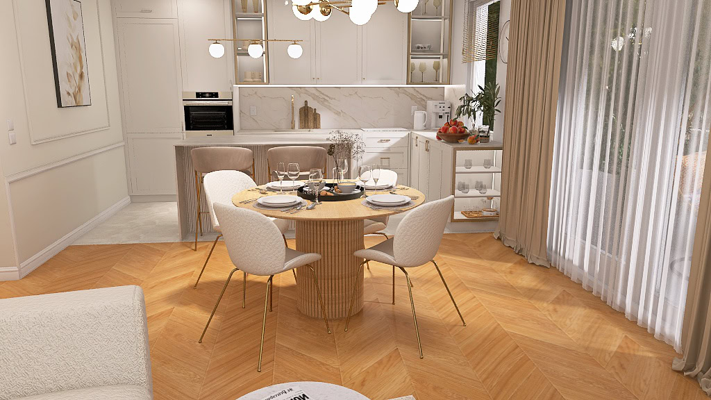 Projekt wnętrza - nowoczesny design kuchni z jadalnią.