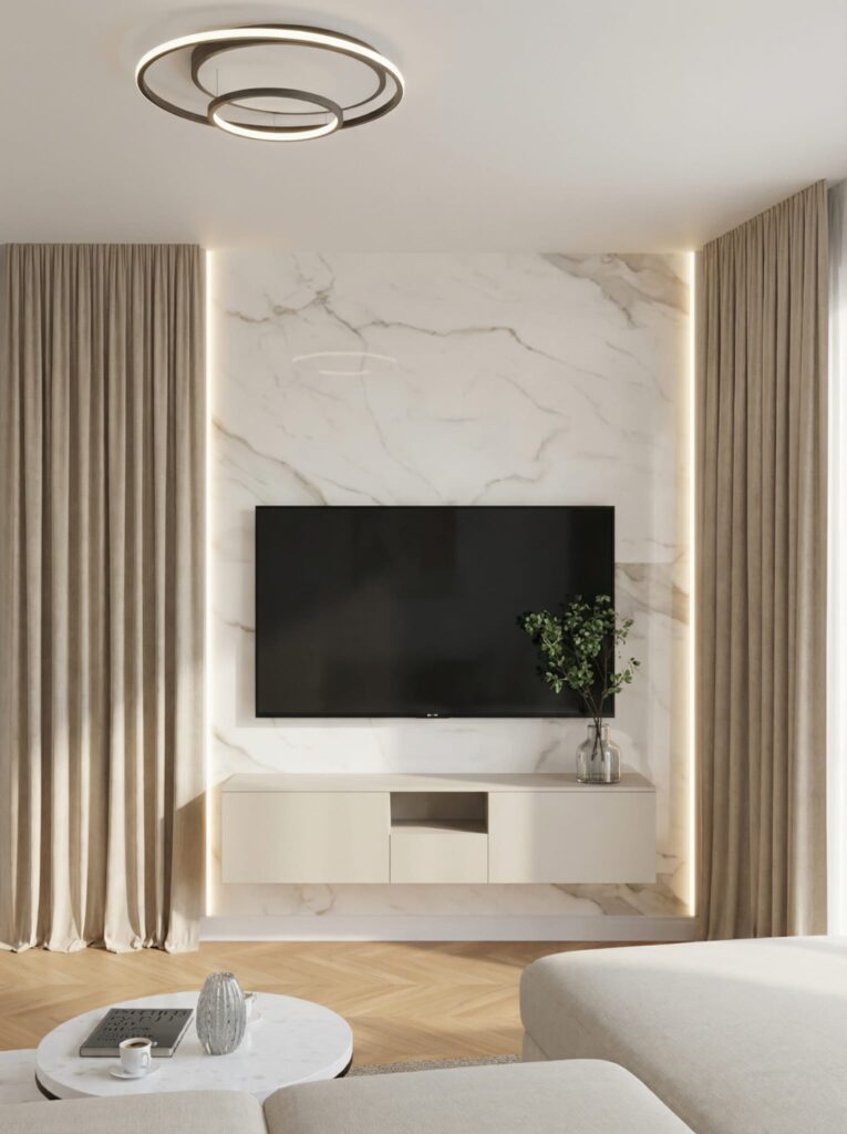 Nowoczesny salon z jasnymi ścianami, eleganckim stolikiem i ozdobnym akcentem w postaci rośliny.