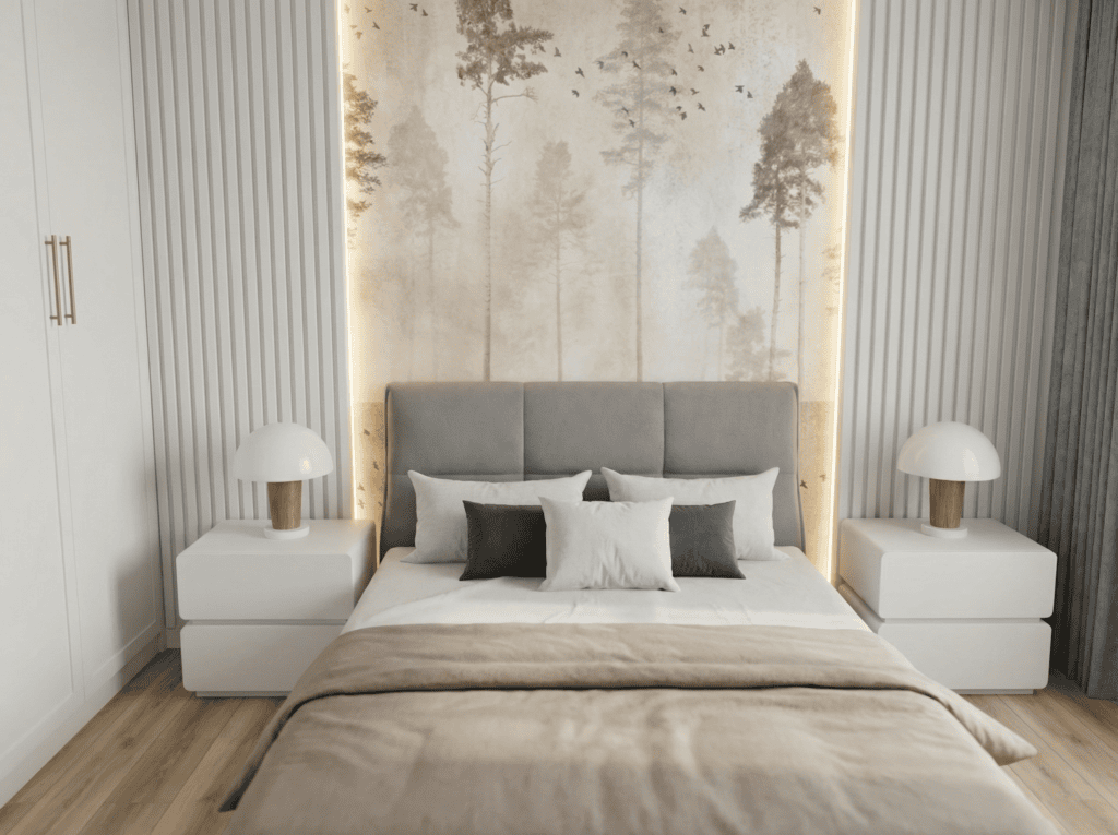 Przytulna sypialnia z neutralnymi kolorami, minimalistycznym meblami oraz elementami naturalnego drewna i delikatnym oświetleniem.