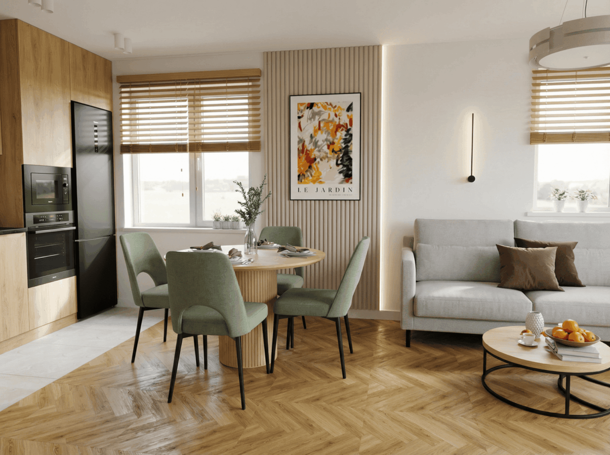 Nowoczesne wnętrze mieszkania z jadalnią i salonem, naturalne światło, minimalistyczny design, ciepł.