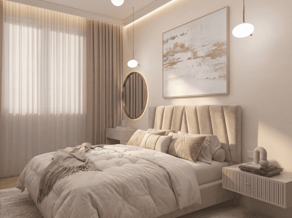 Przytulna sypialnia z dużym łóżkiem i minimalistycznym designem.