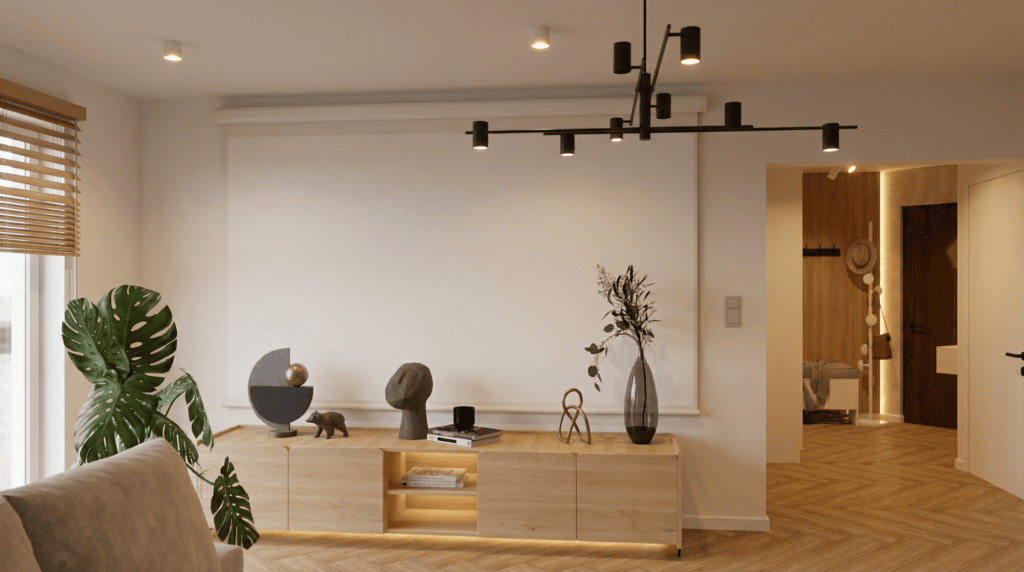 Salon z minimalistycznym wystrojem, drewnianymi elementami i roślinami w naturalnym świetle.